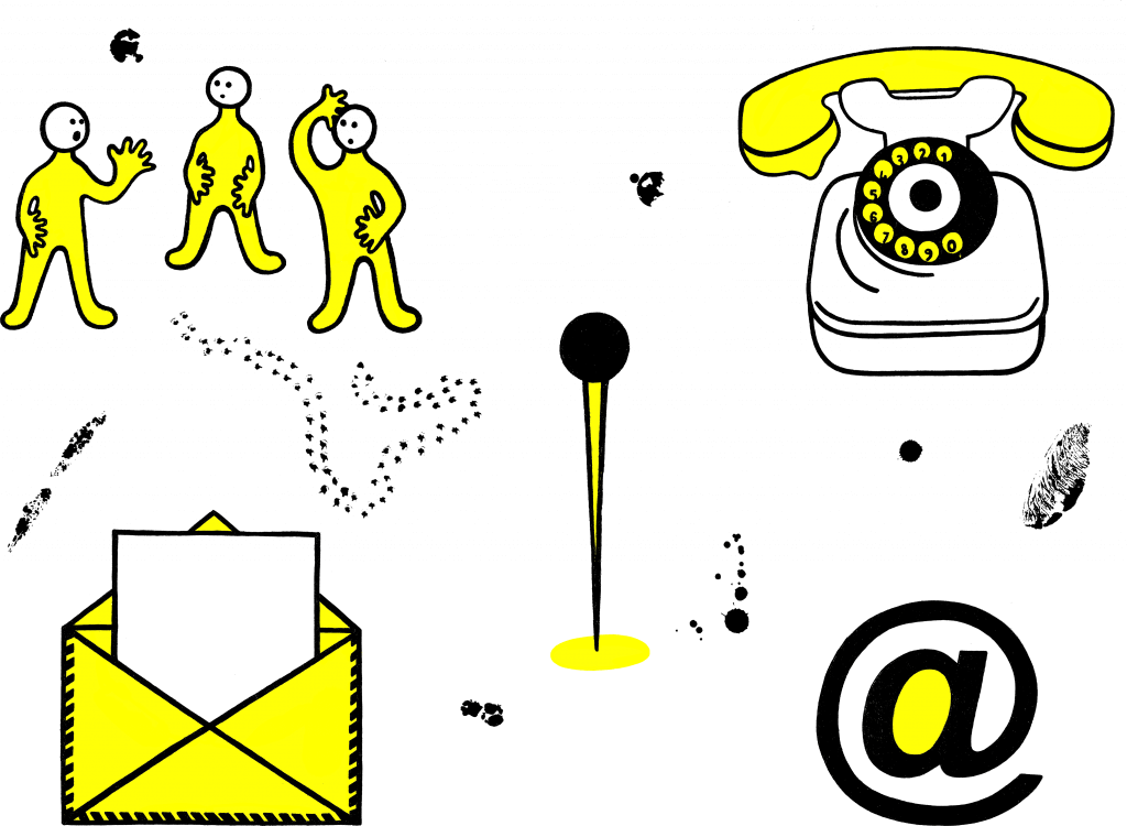 Illustration of people communicating, an envelope, a pin, an at sign, a telephone