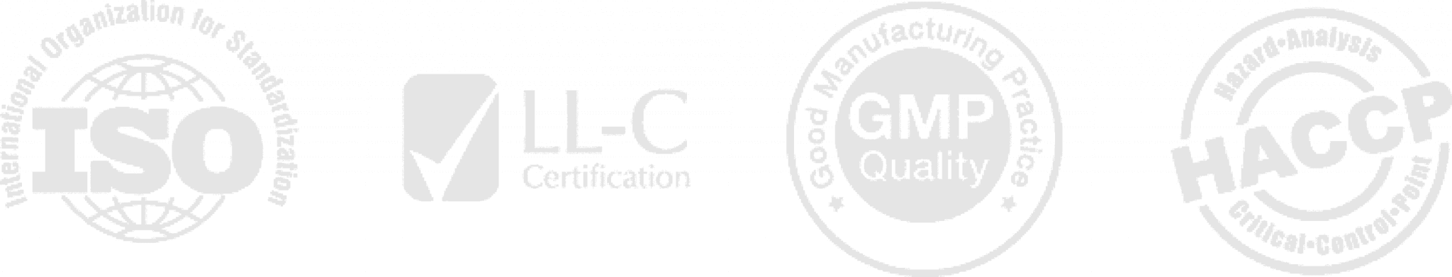 logos of the certifications Naturfyt Bio has obtained – International Organization for Standardization, LL-C Certifikace, Good Manufacturing Practice, Hazard Analysis Critical Control Point